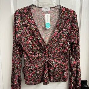 Kaileigh Women's Floral V-Neck Blouse - Pink and Black